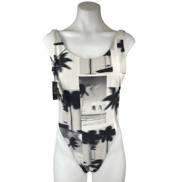 NEW Skatie x Rocky Barnes Cream Black Palm Tree High Leg One Piece Swimsuit M - Picture 1 of 4